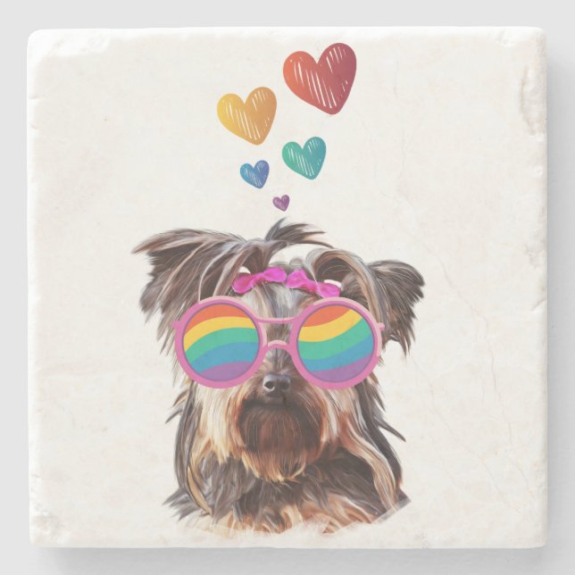 Yorkie Dog with Hearts Valentine's Day  Stone Coaster (Front)