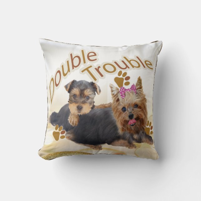 Yorkie Double Trouble Pillow By PetVenturesUSA (Front)