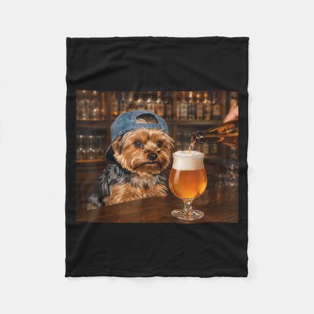 Yorkie Drinking Beer Funny Dog Meme Art Fleece Blanket (Front)