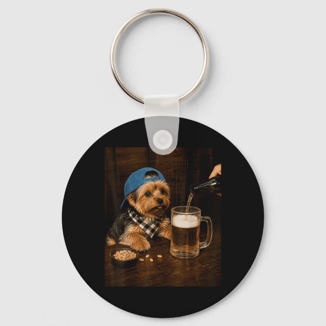 Yorkie Drinking Beer Funny Dog Meme Artwork Key Ring (Front)