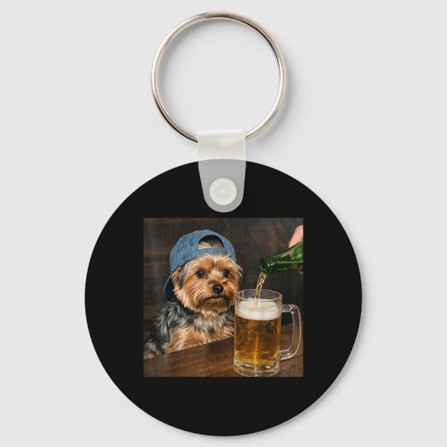 Yorkie Drinking Beer Funny Dog Meme Key Ring (Front)