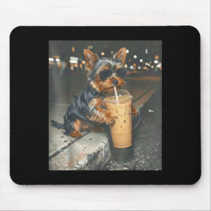 Yorkie drinking iced coffee funny animal meme dog mouse mat