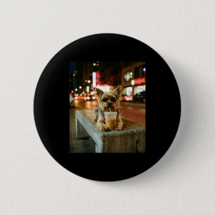 Yorkie drinking iced coffee funny animal meme men 6 cm round badge