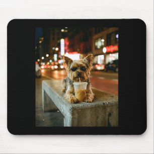 Yorkie drinking iced coffee funny animal meme men mouse mat