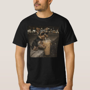 Yorkie Drinking Iced Coffee Funny Dog Animal Meme T-Shirt