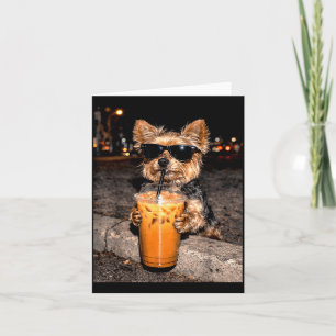 Yorkie Drinking Iced Coffee Funny Yorkie Dog Lover Card