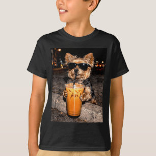 Yorkie Drinking Iced Coffee Funny Yorkie Dog Lover T-Shirt