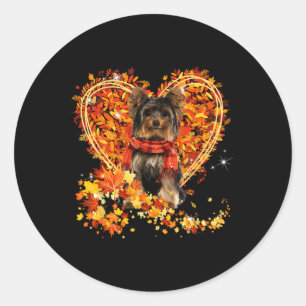 Yorkie Hello Autumn Leaves Heart Fall Thanksgiving Classic Round Sticker
