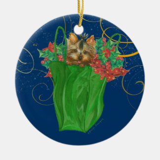 Yorkie in a Christmas Bag Ceramic Tree Decoration