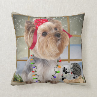 Yorkie In Christmas Light Pillow By PetVenturesUSA
