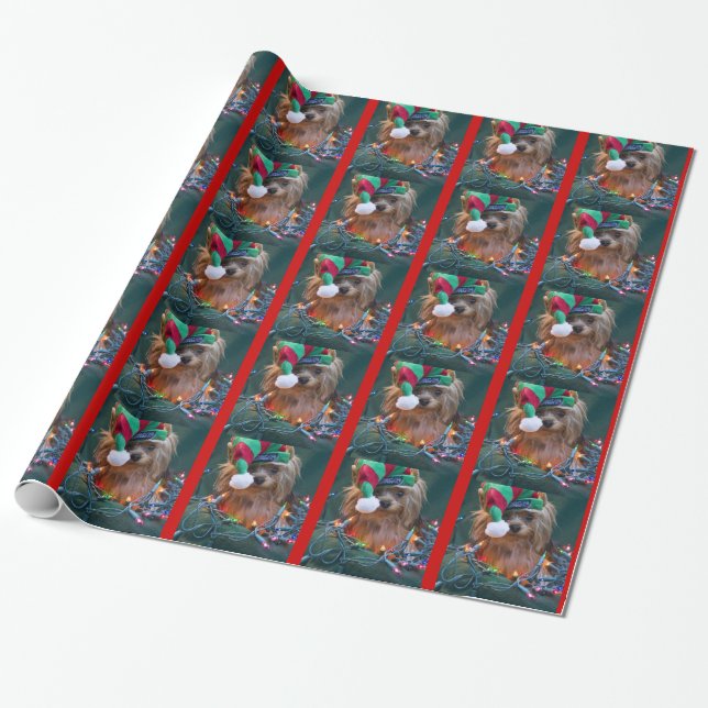 Yorkie in Elf Hat Christmas Wrap Wrapping Paper (Unrolled)
