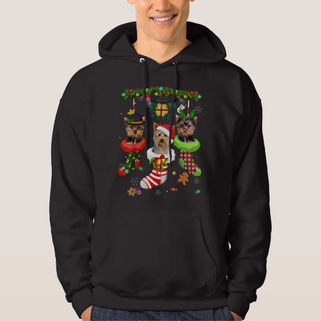 Yorkie In Socks Christmas Santa Hat Xmas Lights Do Hoodie (Front)