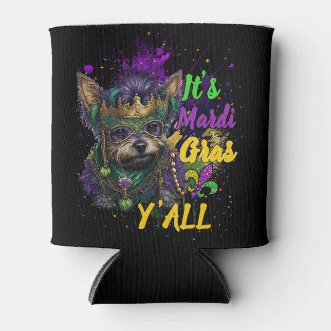 Yorkie It's Mardi Gras Y'all Carnival Masquerade Can Cooler (Front)