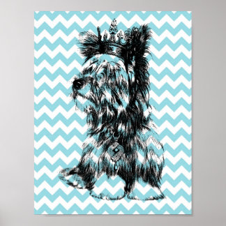 Yorkie Jewels Crown Puppy Dog Blue White Chevron Poster