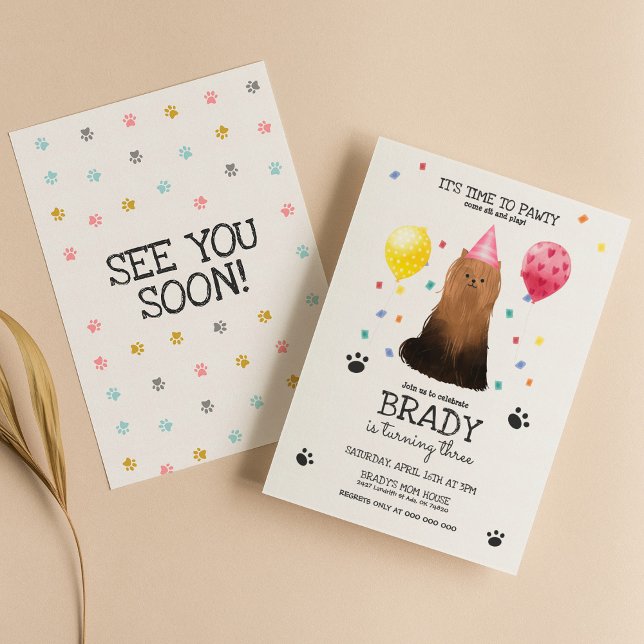 Yorkie Lets Pawty Dog Birthday Invitation Pink (Creator Uploaded)