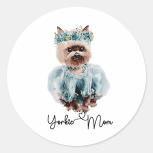 Yorkie Mum Cute Yorkie with Blue Dress Art Classic Round Sticker