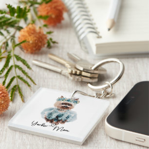 Yorkie Mum Cute Yorkie with Blue Dress Art Key Ring