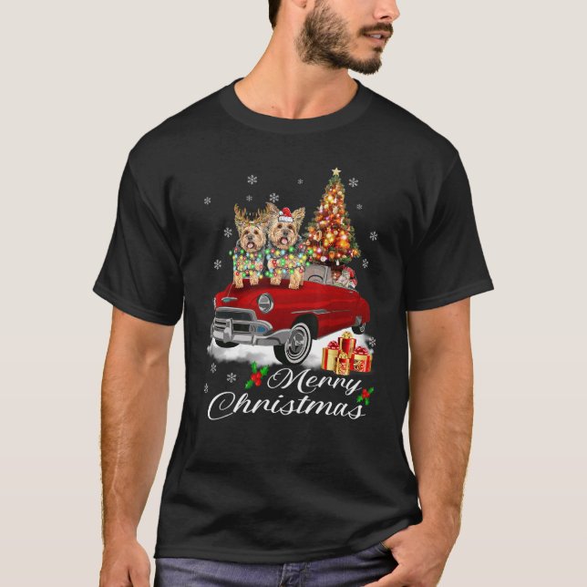 Yorkie on Red Truck Christmas Lights Pajama Dog Lo T-Shirt (Front)