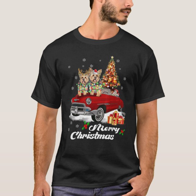 Yorkie on Red Truck Christmas Pajama Dog T-Shirt (Front)