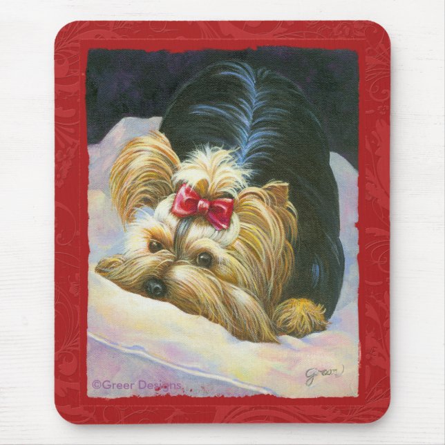 Yorkie Peekaboo Art Red Embossed Mouse Mat (Front)