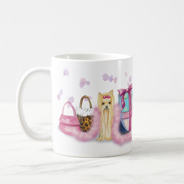 Yorkie Pink Feather Boa Coffee Cup Mug (Left)