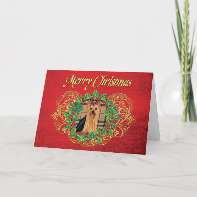 Yorkie Plaid n Holly Christmas Art Print Card (Front)