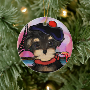 YORKIE POO ARTIST IN PARIS CERAMIC TREE DECORATION