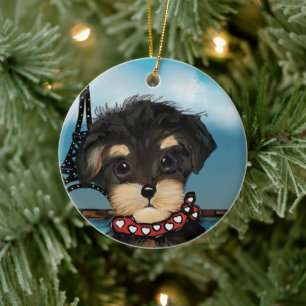 YORKIE POO  IN PARIS   CERAMIC TREE DECORATION