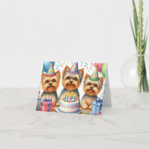 Yorkie Puppy Birthday Card with Party Hats
