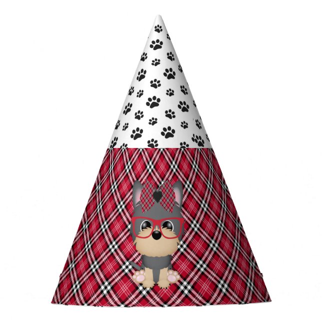 Yorkie Puppy Dogs Red Plaid Birthday Party Hats (Front)