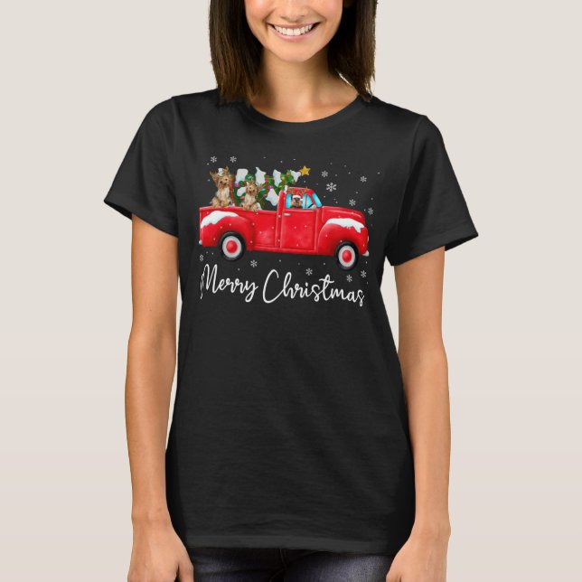 Yorkie Red Truck Christmas Santa Hat Dog Xmas T-Shirt (Front)