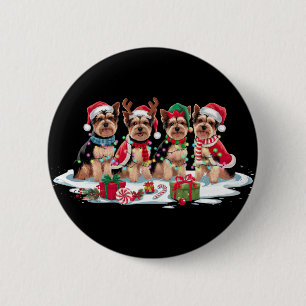 Yorkie Santa hat antlers elf Christmas lights 6 Cm Round Badge