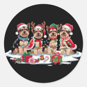 Yorkie Santa hat antlers elf Christmas lights  Classic Round Sticker
