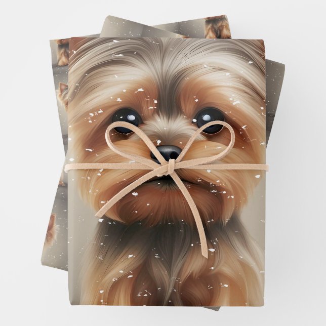 Yorkie Snowy Moment Christmas Cute Wrapping Paper Sheet (In situ)