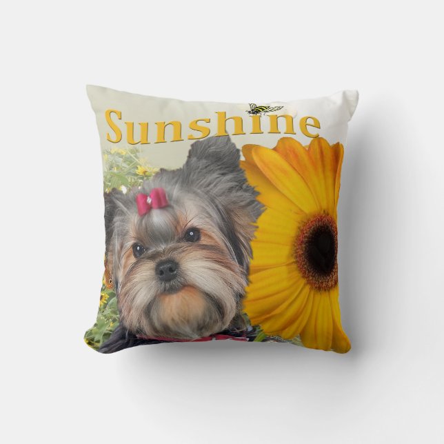 Yorkie Sunflowers And Bumble Bees By PetVenturesUS Cushion (Front)