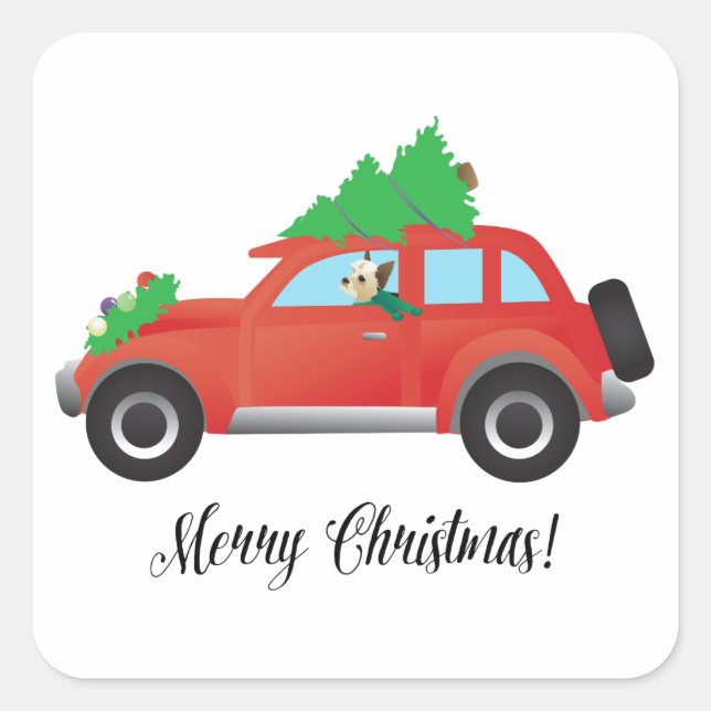 Yorkie Terrier dog Driving a Christmas Car Square Sticker (Front)