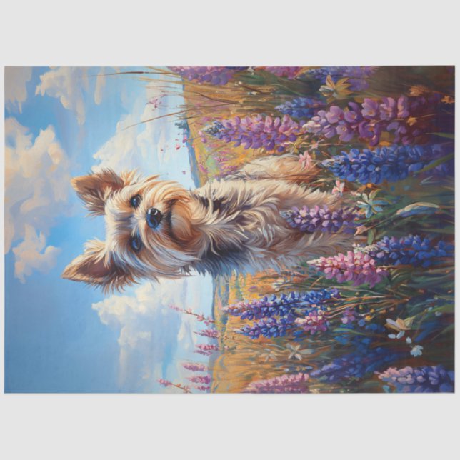 Yorkie Terrier Purple Lupine Flowers Decoupage Tissue Paper (Front)