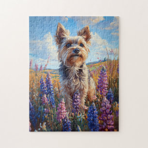 Yorkie Terrier Purple Lupine Flowers Jigsaw Puzzle