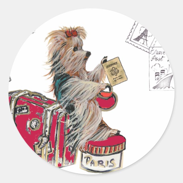 Yorkie Travelling Paris Classic Round Sticker (Front)