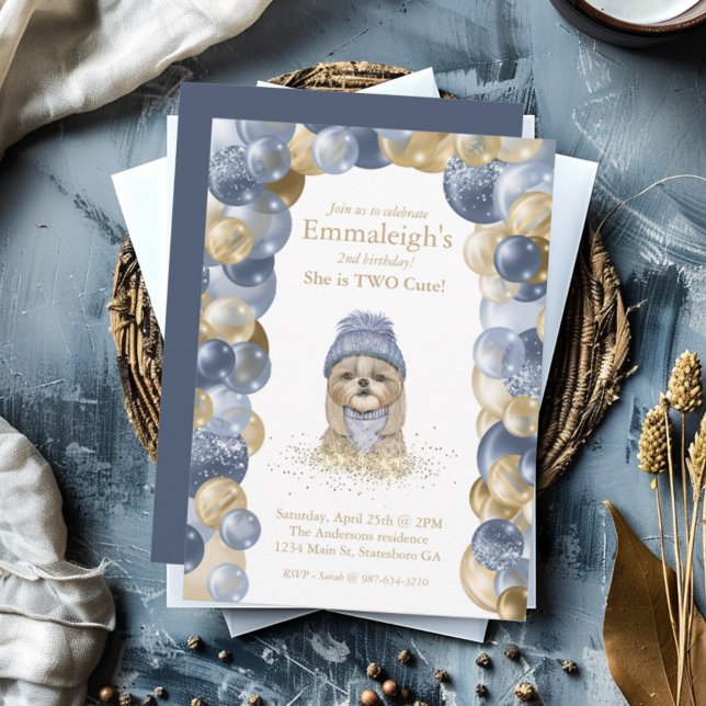 Yorkie Two Cute Navy Blue Gold Balloon Birthday Invitation (Creator Uploaded)