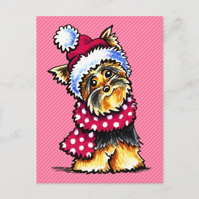 Yorkie Winter Scarf Polka Dots Holiday Postcard (Front)