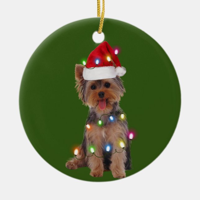 Yorkie With Christmas Scafts Santa Hat Gift Ceramic Tree Decoration (Front)