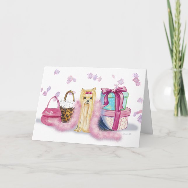 Yorkie with Feather Boa Greeting Cards (Front)