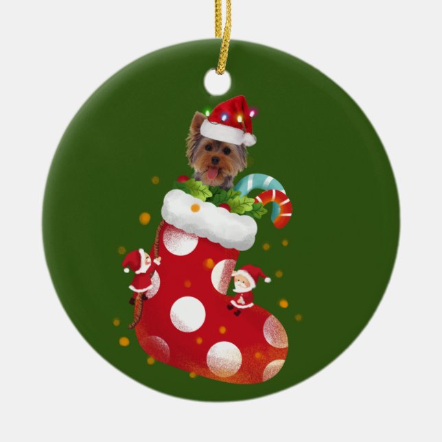 Yorkie With Hat Sock Christmas Ceramic Tree Decoration (Front)