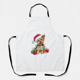 Yorkie Xmas Lighting Santa Hat Yorkie Dog Christma Apron
