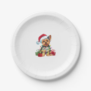 Yorkie Xmas Lighting Santa Hat Yorkie Dog Christma Paper Plate