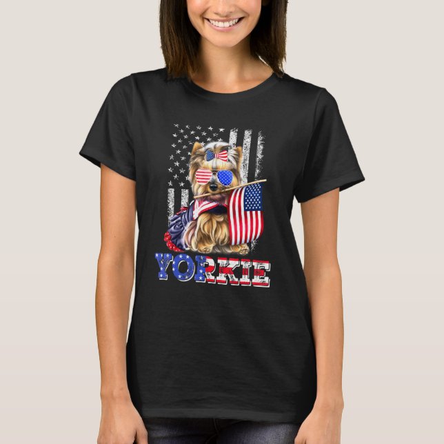 Yorkie Yorkshire Dog American Flag Patriotic Meric T-Shirt (Front)