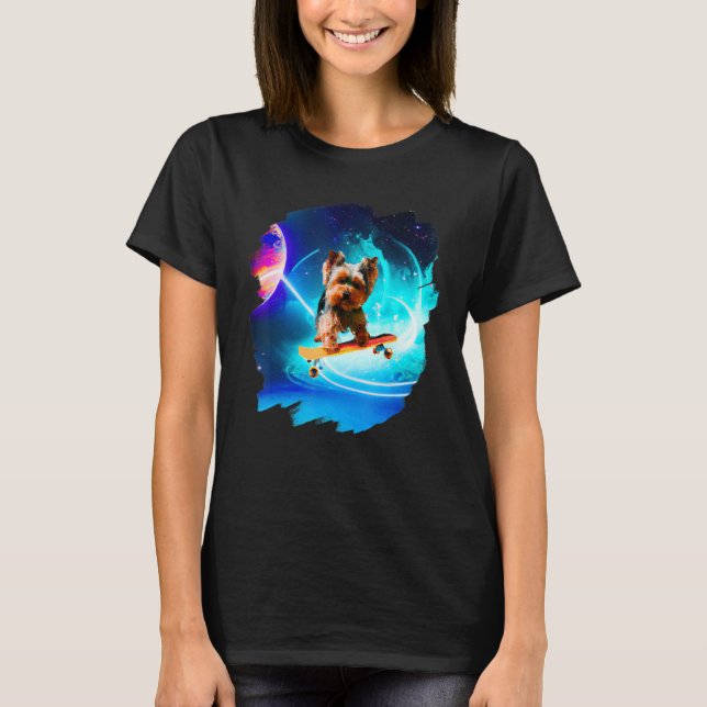 Yorkie Yorkshire Terrier Skateboarding Space Retro T-Shirt (Front)