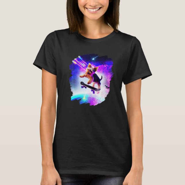 Yorkie Yorkshire Terrier Skateboarding Space Retro T-Shirt (Front)