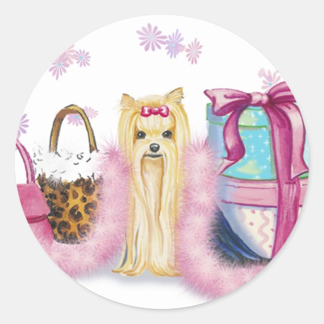 Yorkie Yorkshire Terrier with Feather Boa Classic Round Sticker (Front)